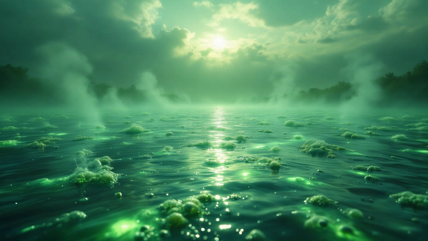 Ein nebliger Wasseroberfläche mit grünlichem Schaum und Dampf, symbolisiert innere Reinigung.