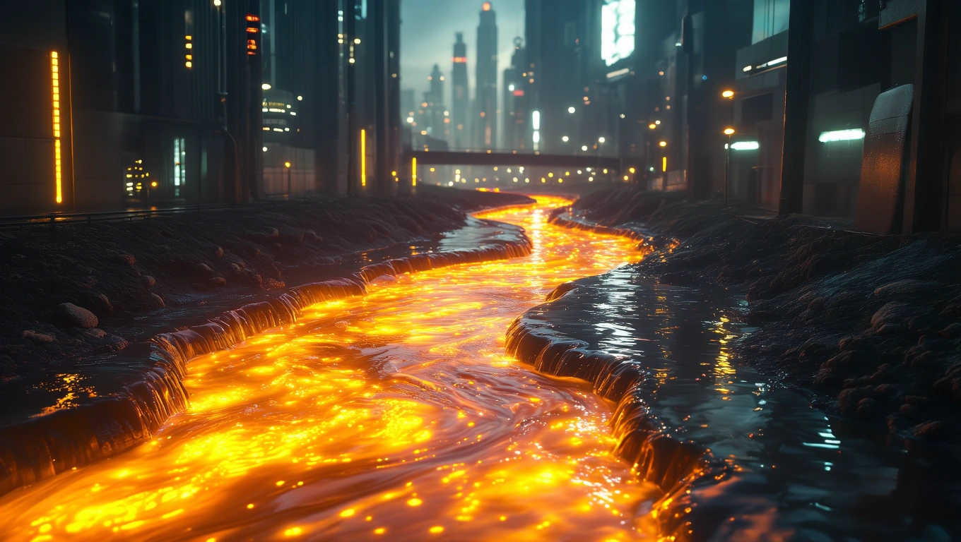 Ein leuchtender Fluss aus Abwasser fließt durch eine moderne Stadtlandschaft.