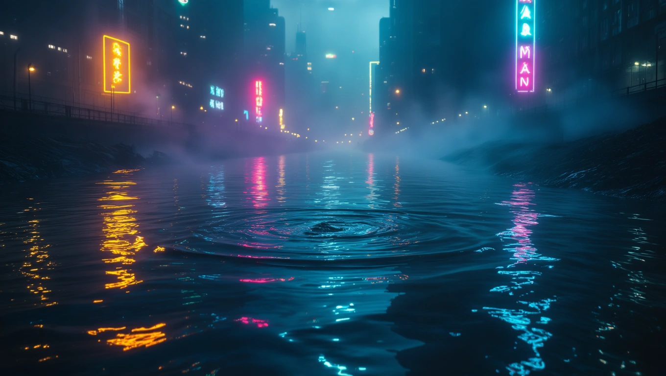 Ein ruhiger Wasserlauf in einer urbanen Umgebung mit neonfarbenen Lichtern.