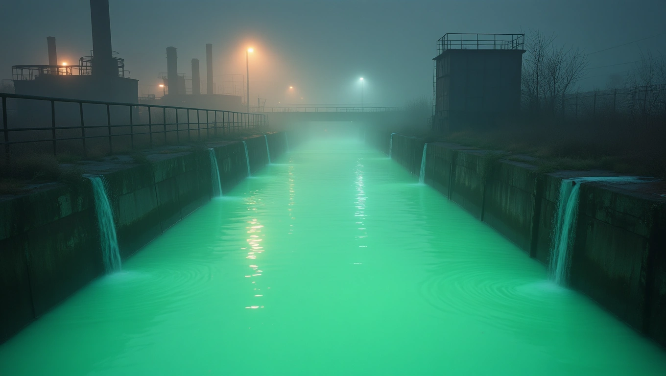 Ein nebliger Kanal mit grünem Wasser, das aus Rohren fließt, umgeben von Industrieanlagen.