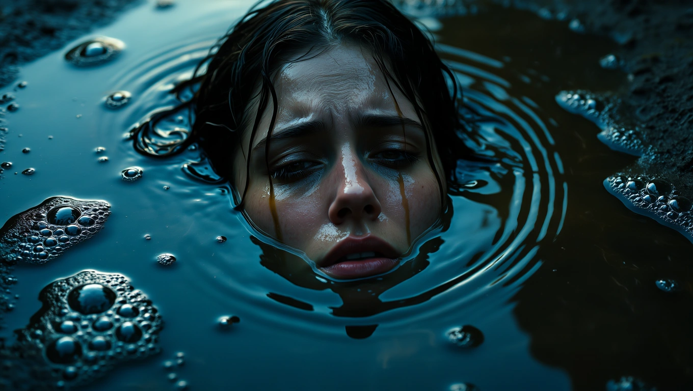 Eine Person mit traurigem Gesichtsausdruck, die in trübem Wasser steht.