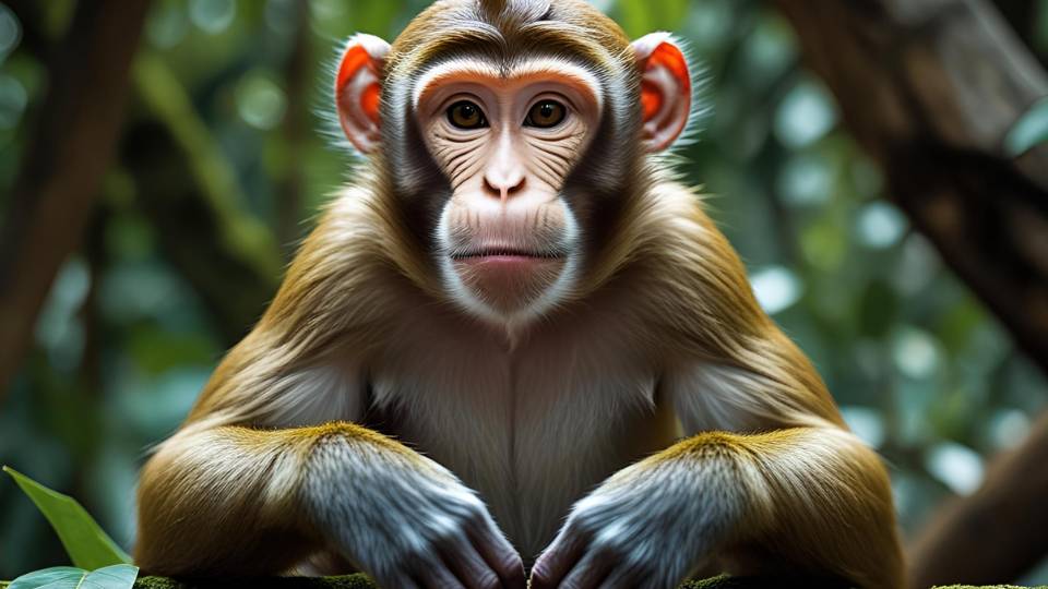 Ein neugieriger Affe sitzt in einer grünen Umgebung und schaut aufmerksam.