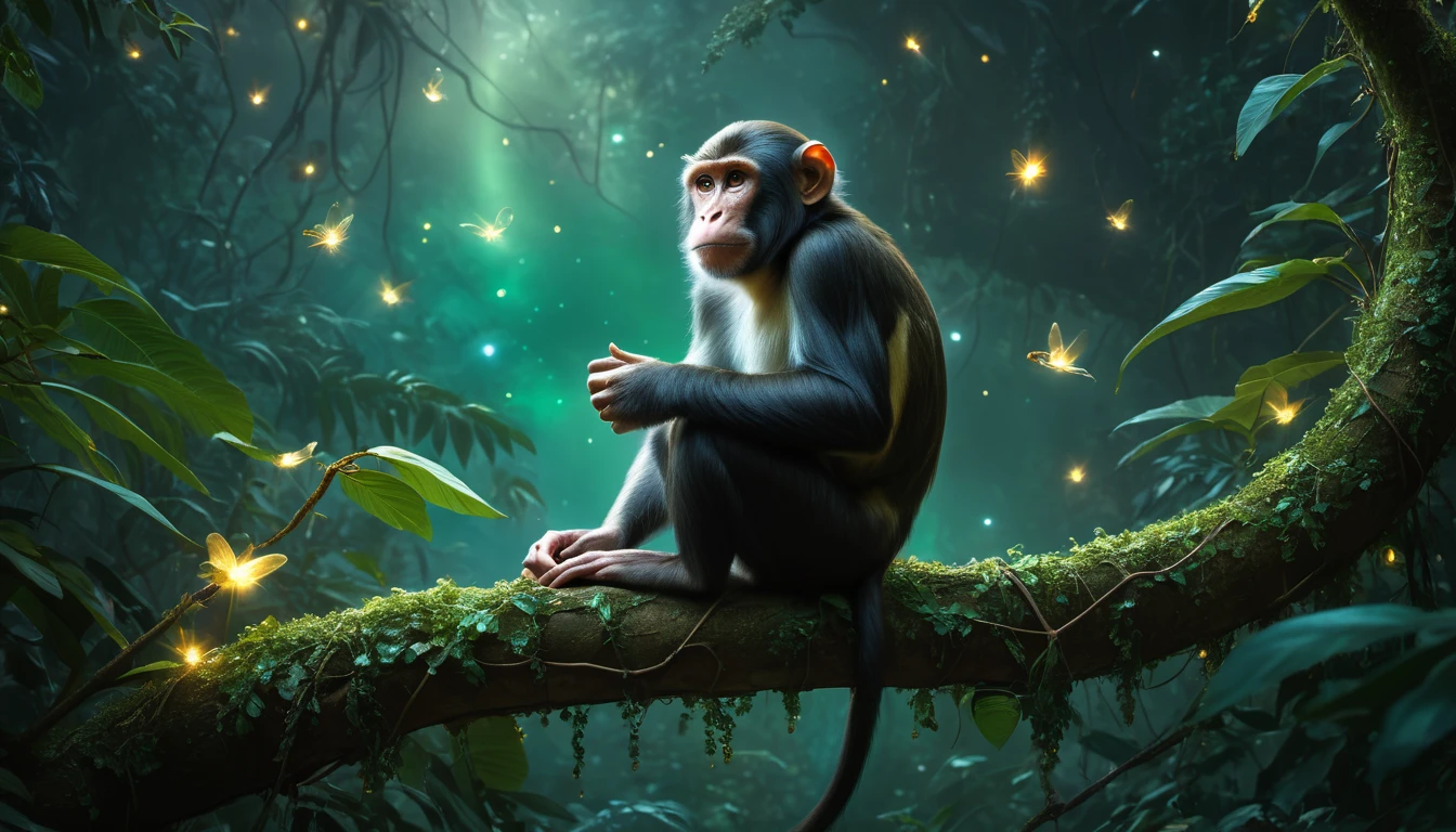 Ein Affe sitzt auf einem Baumstamm im Dschungel, umgeben von leuchtenden Glühwürmchen.