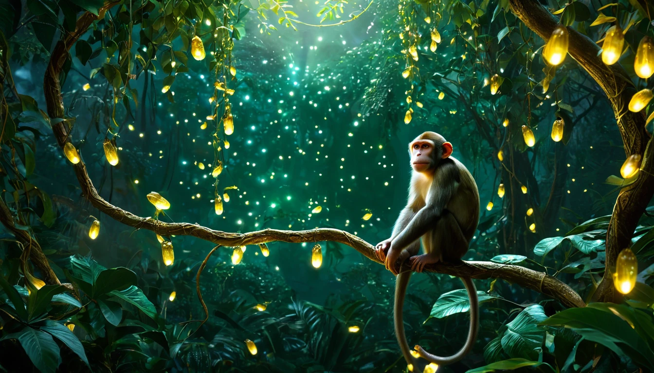 Ein Affe sitzt auf einem Ast in einem leuchtenden Dschungel.