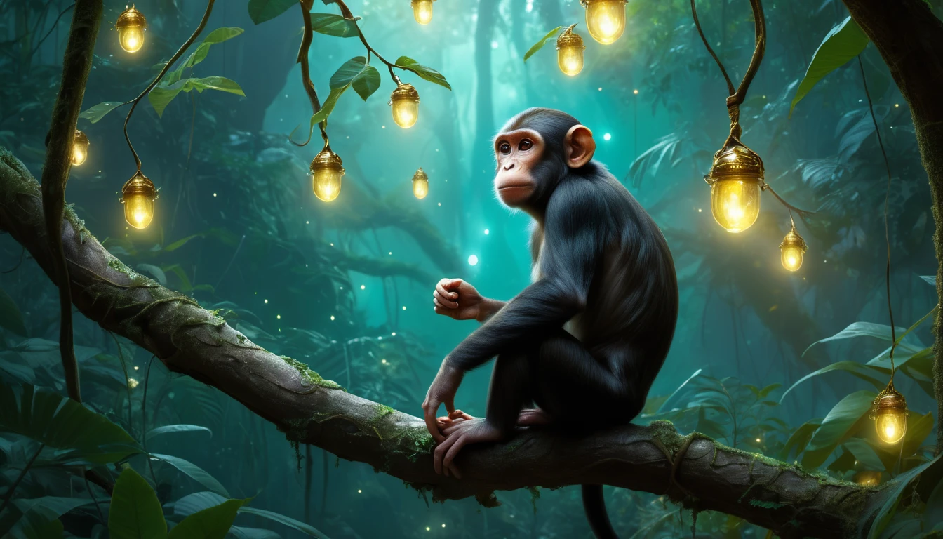 Ein Affe sitzt auf einem Baumstamm in einem mystischen Dschungel mit leuchtenden Lampen.