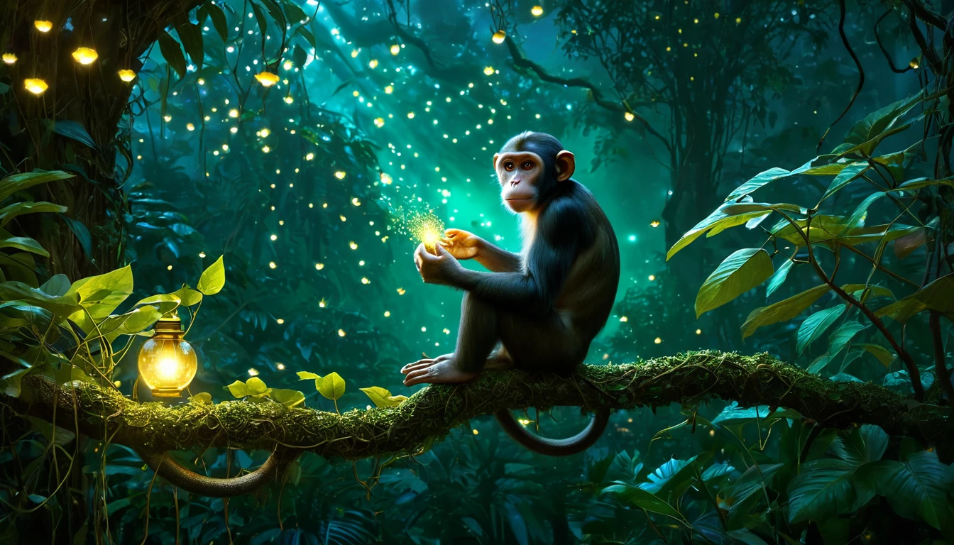 Ein Affe sitzt auf einem Ast im Dschungel und hält ein leuchtendes Objekt.