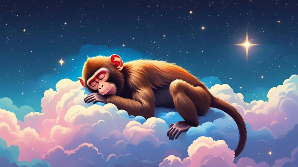 Ein schlafender Affe liegt auf einer Wolke unter einem sternenklaren Himmel.