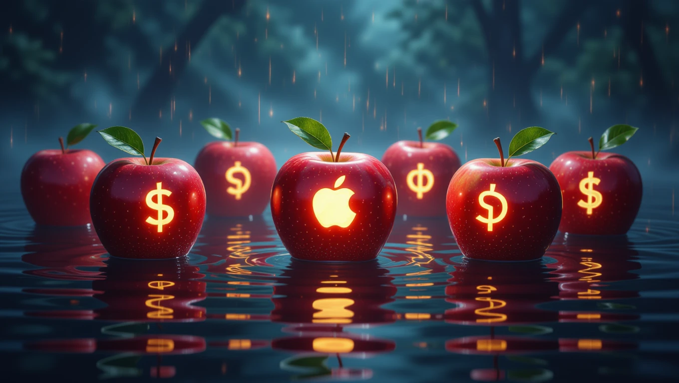 Rote Äpfel mit Symbolen für Reichtum und Wissen auf Wasseroberfläche.