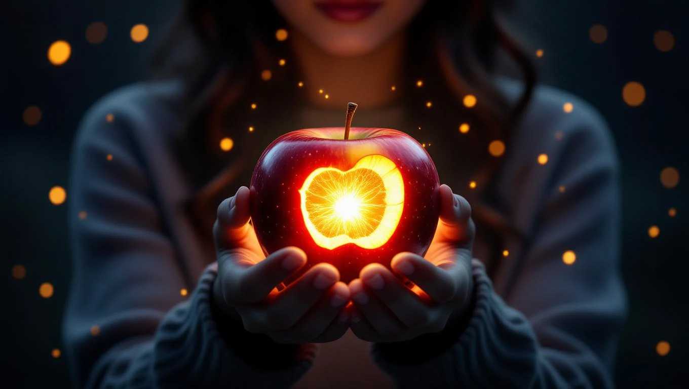 Eine Person hält einen leuchtenden Apfel mit einem strahlenden Inneren in den Händen.