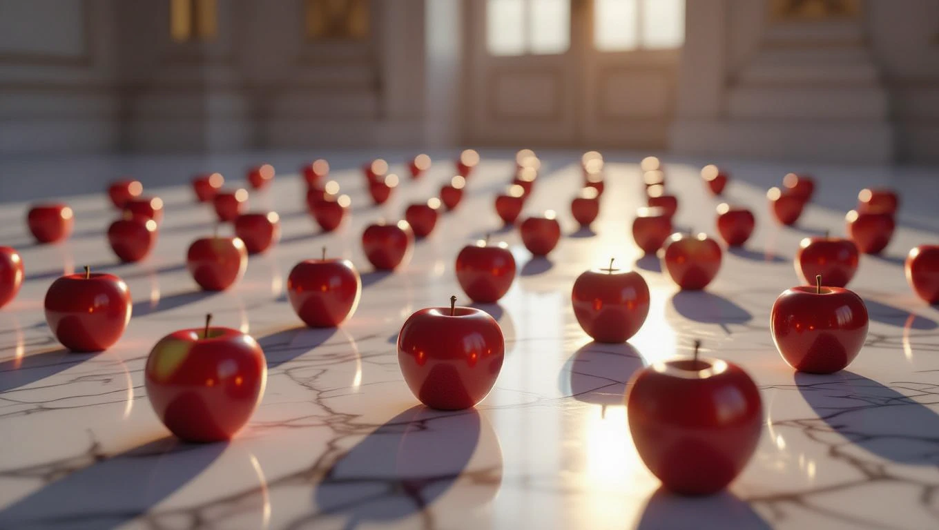 Eine Vielzahl von roten Äpfeln auf einem marmorierten Boden, symbolisch für Reichtum und Erneuerung.