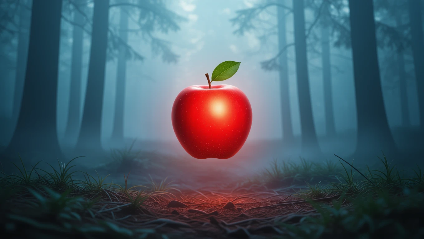 Ein leuchtender roter Apfel schwebt in einem nebligen Wald.