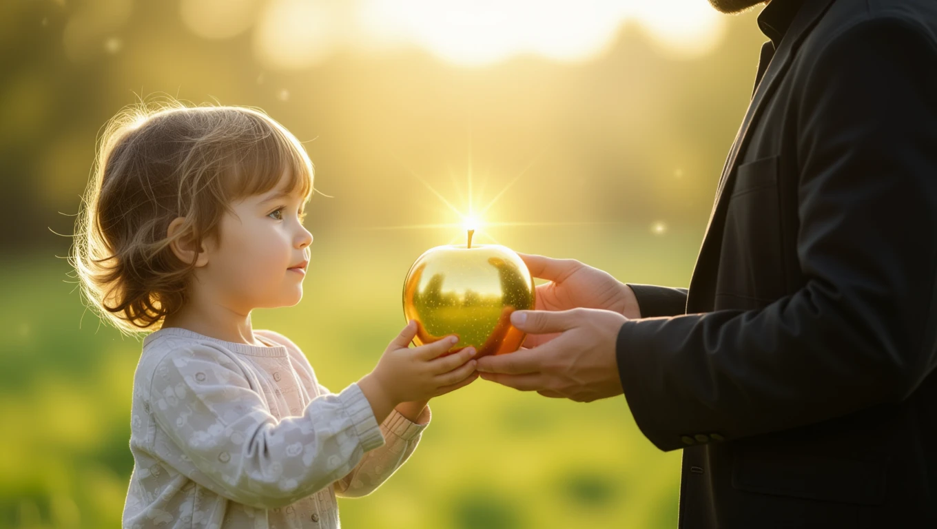 Ein kleines Kind hält einen goldenen Apfel in der Hand, während ein Erwachsener ihn überreicht.