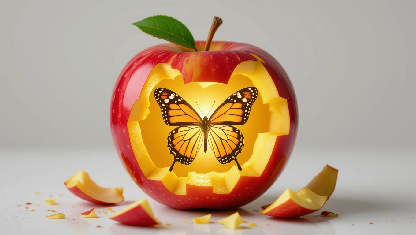 Ein roter Apfel mit einem Schmetterling, der aus dem Inneren leuchtet.
