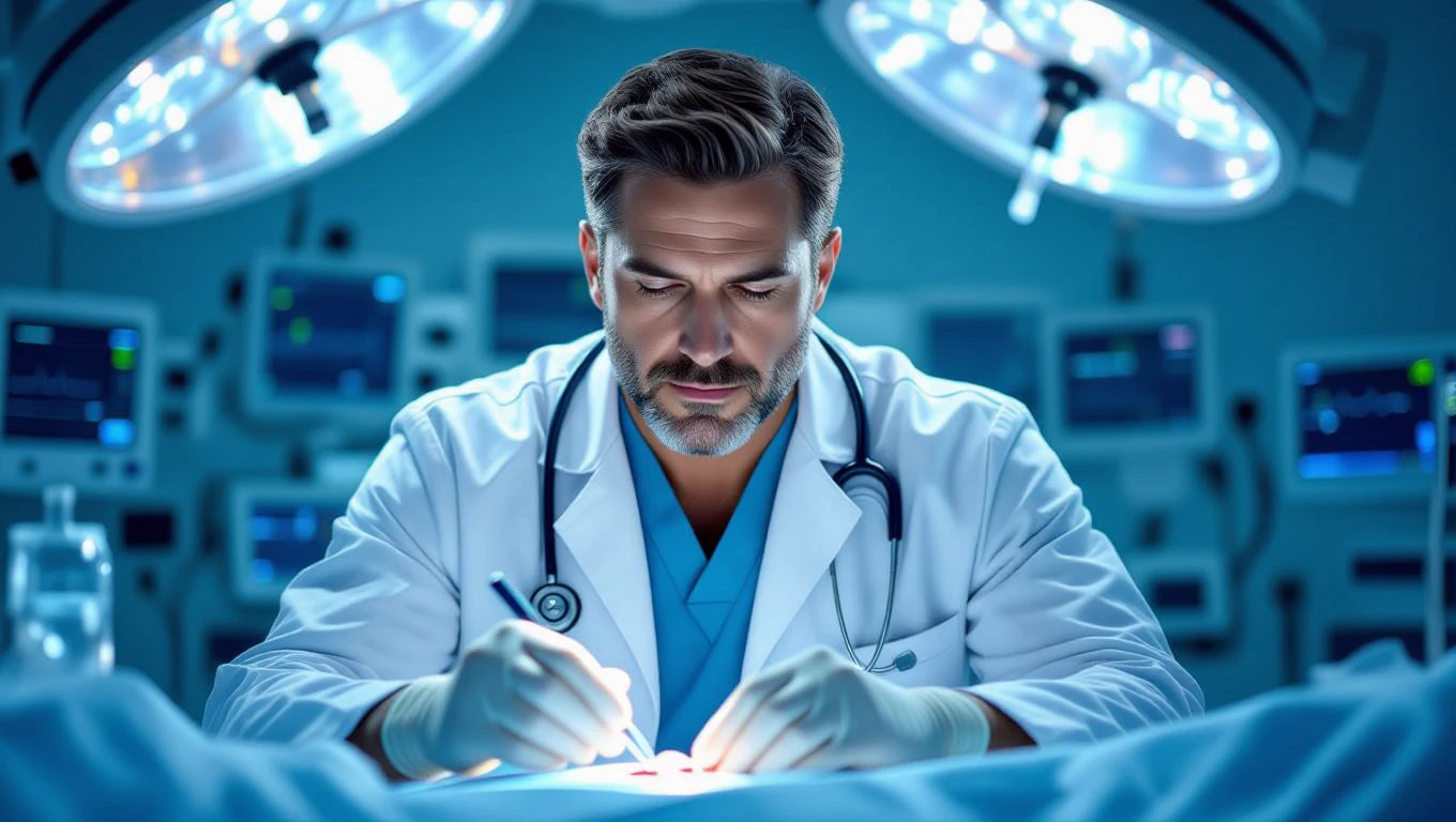 Ein Arzt konzentriert sich auf eine Operation im OP-Saal mit modernen Geräten.