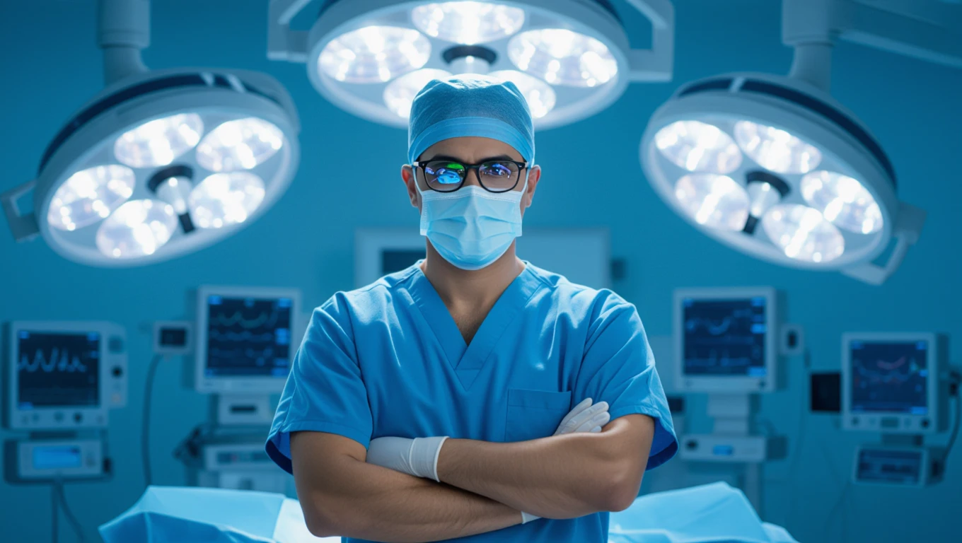 Ein Arzt in blauer OP-Kleidung steht selbstbewusst im Operationssaal.