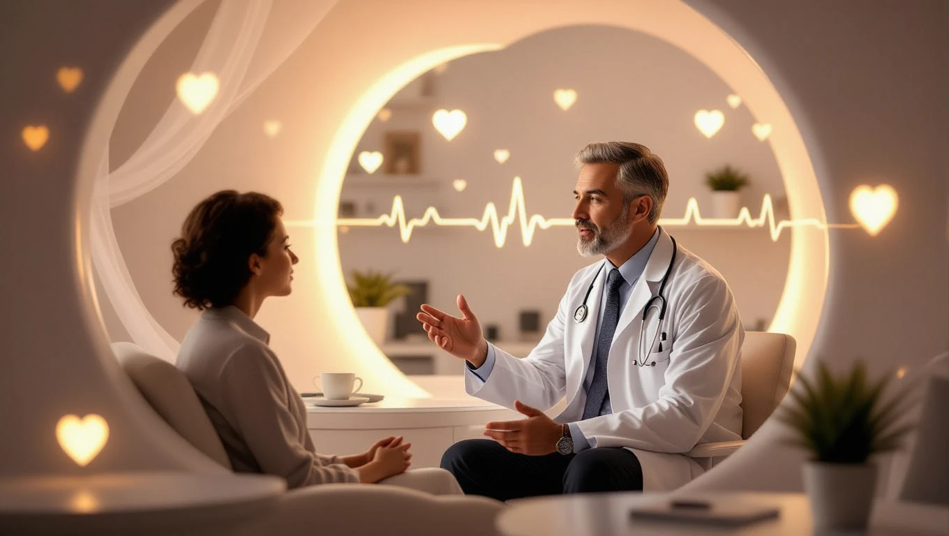 Ein Arzt spricht mit einer Patientin in einem beruhigenden Raum.