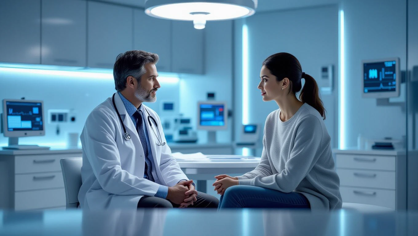 Ein Arzt und eine Patientin im Gespräch in einer modernen Praxis.