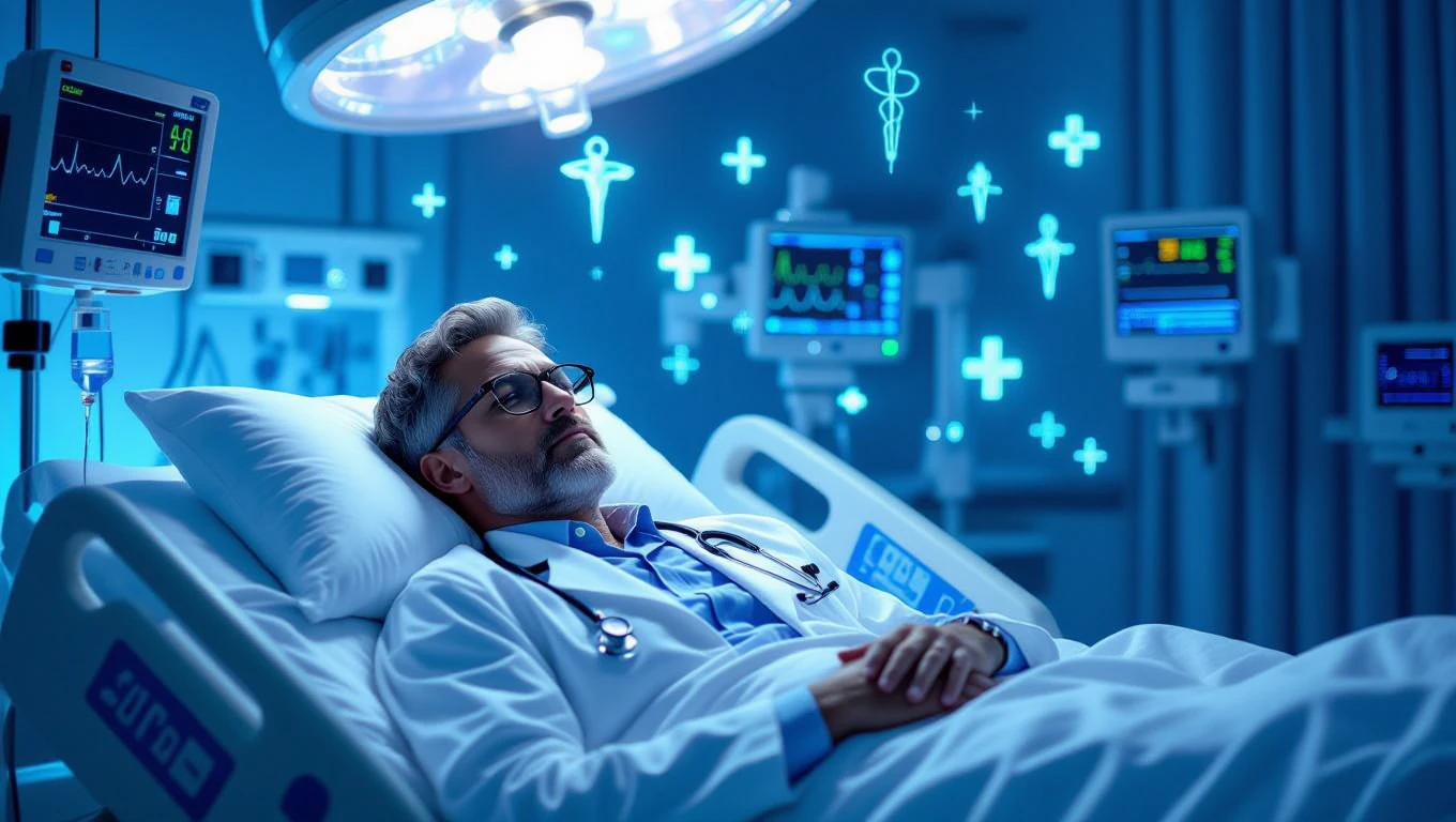 Ein Arzt liegt im Krankenhausbett, umgeben von medizinischen Geräten und Symbolen.