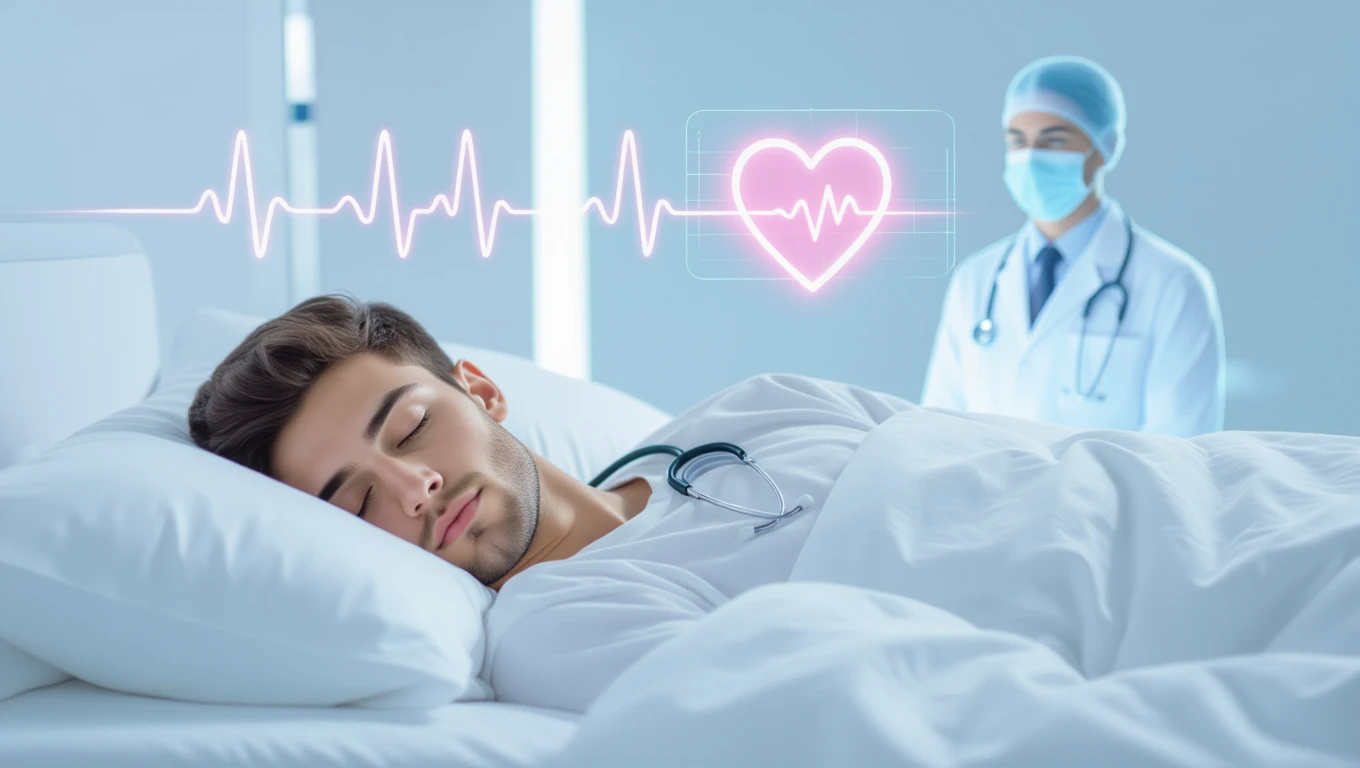 Ein schlafender Mann im Bett, während ein Arzt im Hintergrund steht.