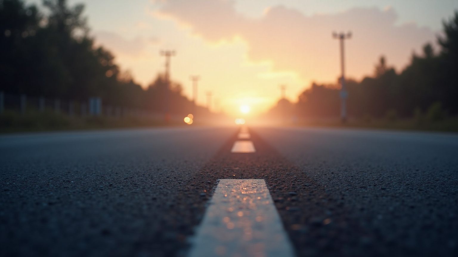 Eine asphaltierte Straße unter einem farbenfrohen Sonnenuntergang, die in die Ferne führt.