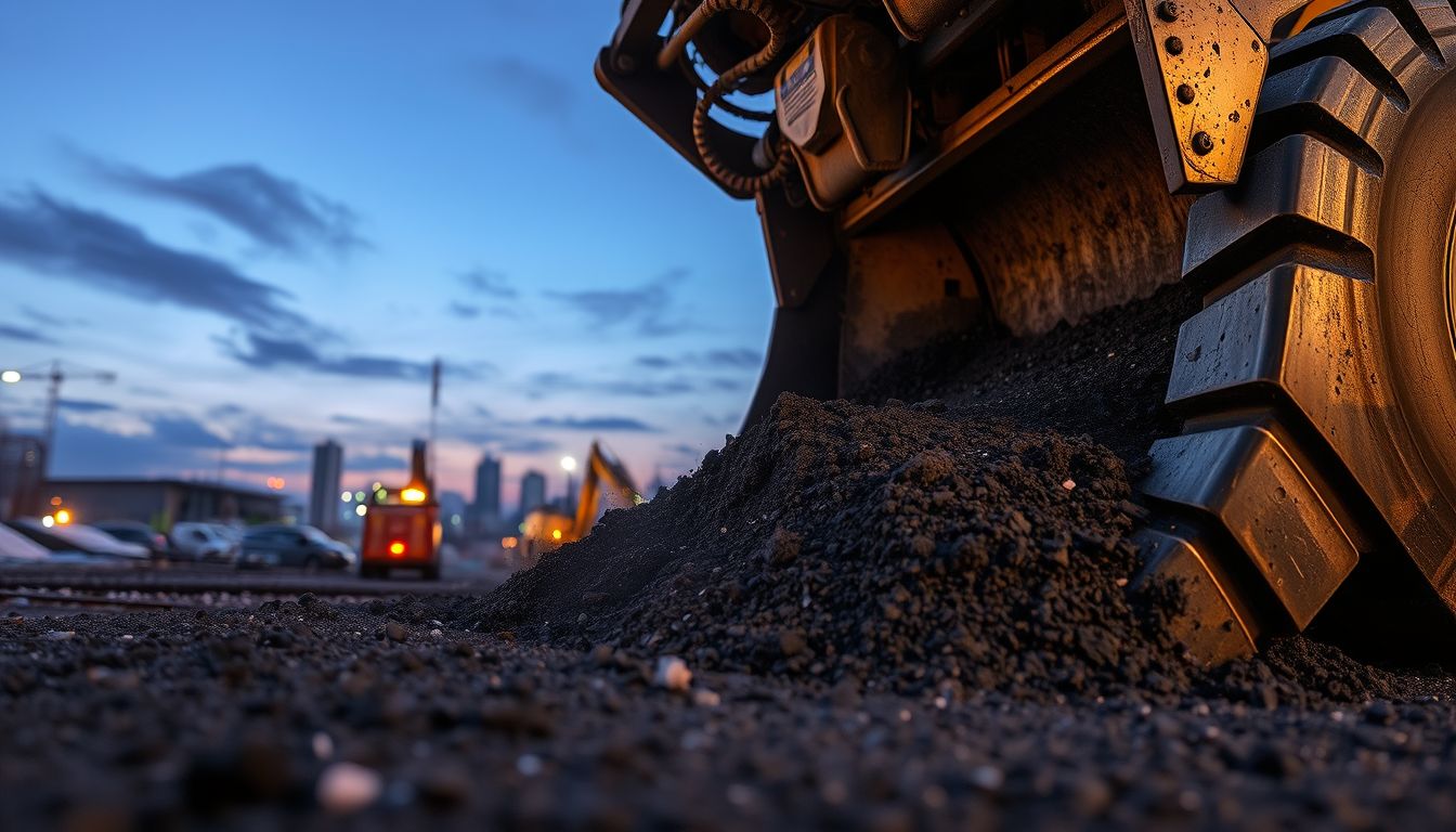Nahaufnahme eines Asphaltfertigers, der frischen Asphaltmischung auf einer urbanen Baustelle verteilt.