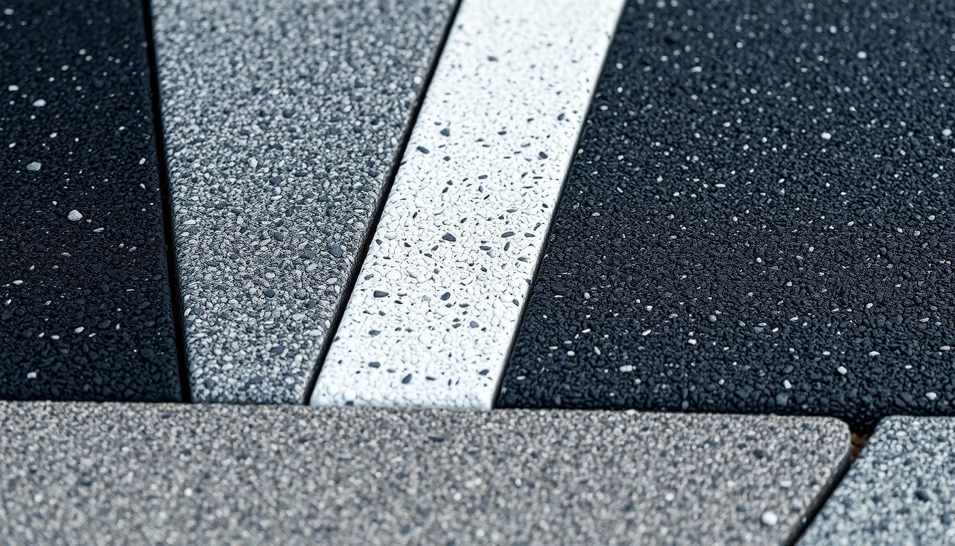 Nahaufnahme von Asphaltplatten in verschiedenen Grautönen und Weiß.