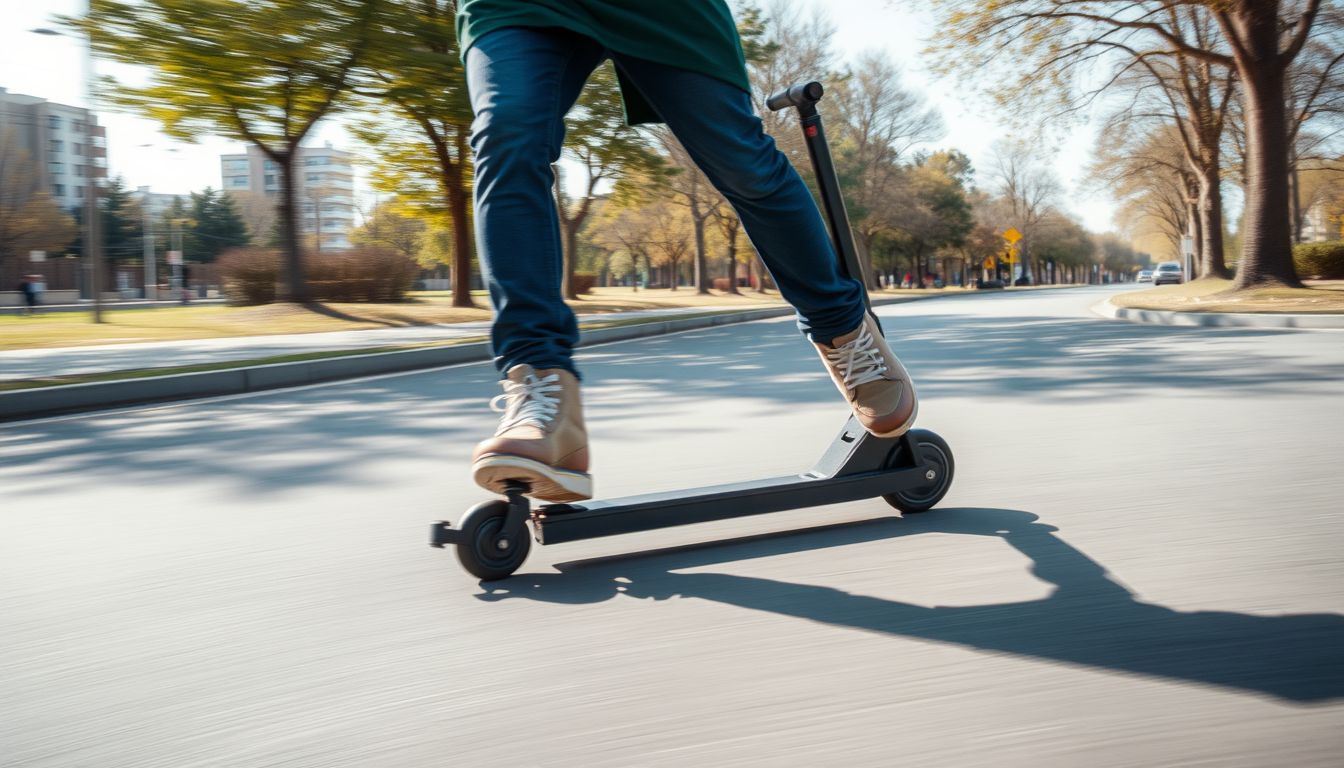Ein junger Mensch fährt auf einem Roller über eine asphaltierte Straße in einer städtischen Umgebung.