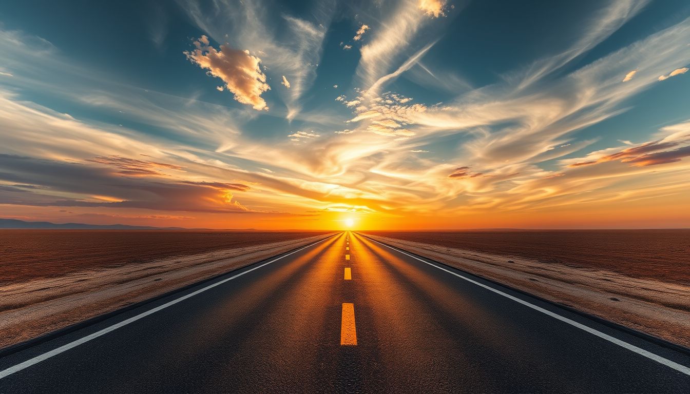 Eine endlose asphaltierte Straße unter einem farbenfrohen Sonnenuntergang.