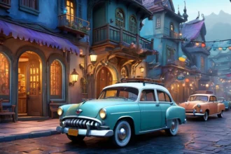 Zwei klassische Autos stehen in einer malerischen, beleuchteten Straße.