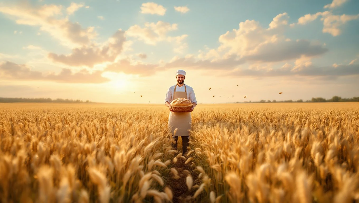 Ein Bäcker steht in einem goldenen Weizenfeld und hält frisches Brot.