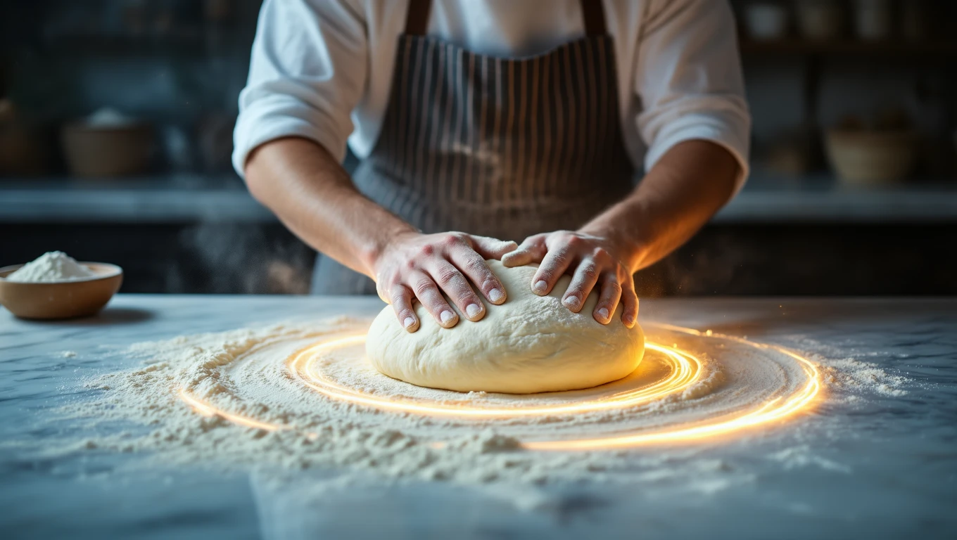 Ein Bäcker knetet Teig auf einer bemehlten Arbeitsfläche.