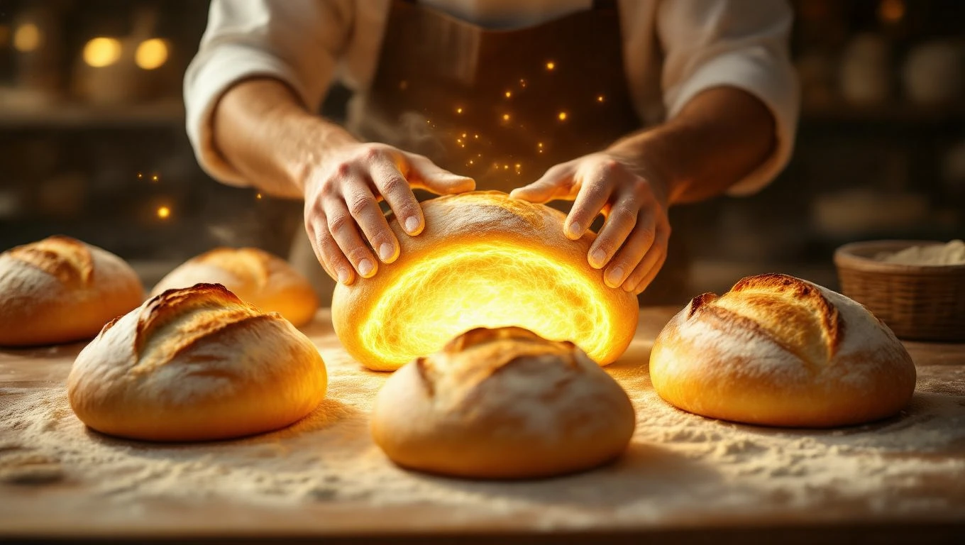 Ein Bäcker hebt ein frisch gebackenes Brot mit leuchtendem Inneren an.