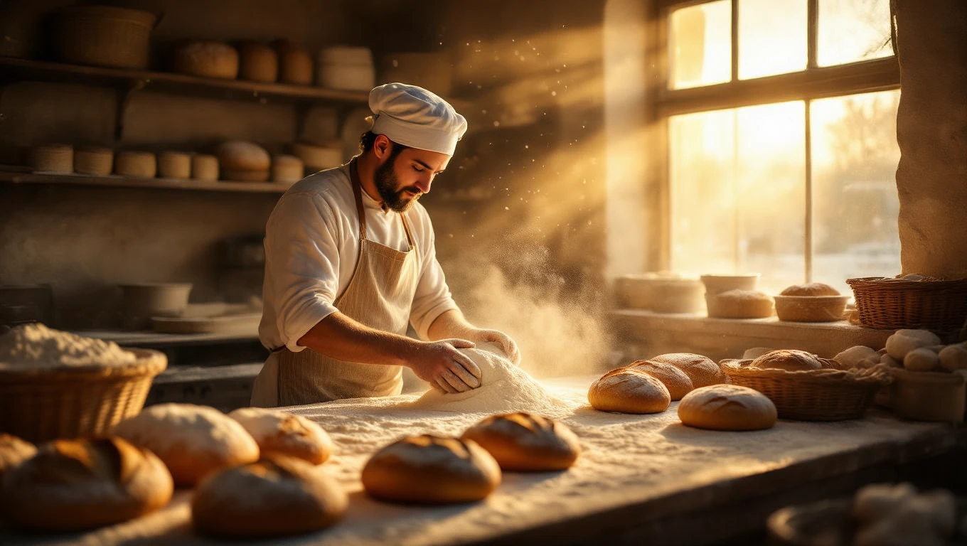 Ein Bäcker knetet Teig in einer warmen, lichtdurchfluteten Bäckerei.
