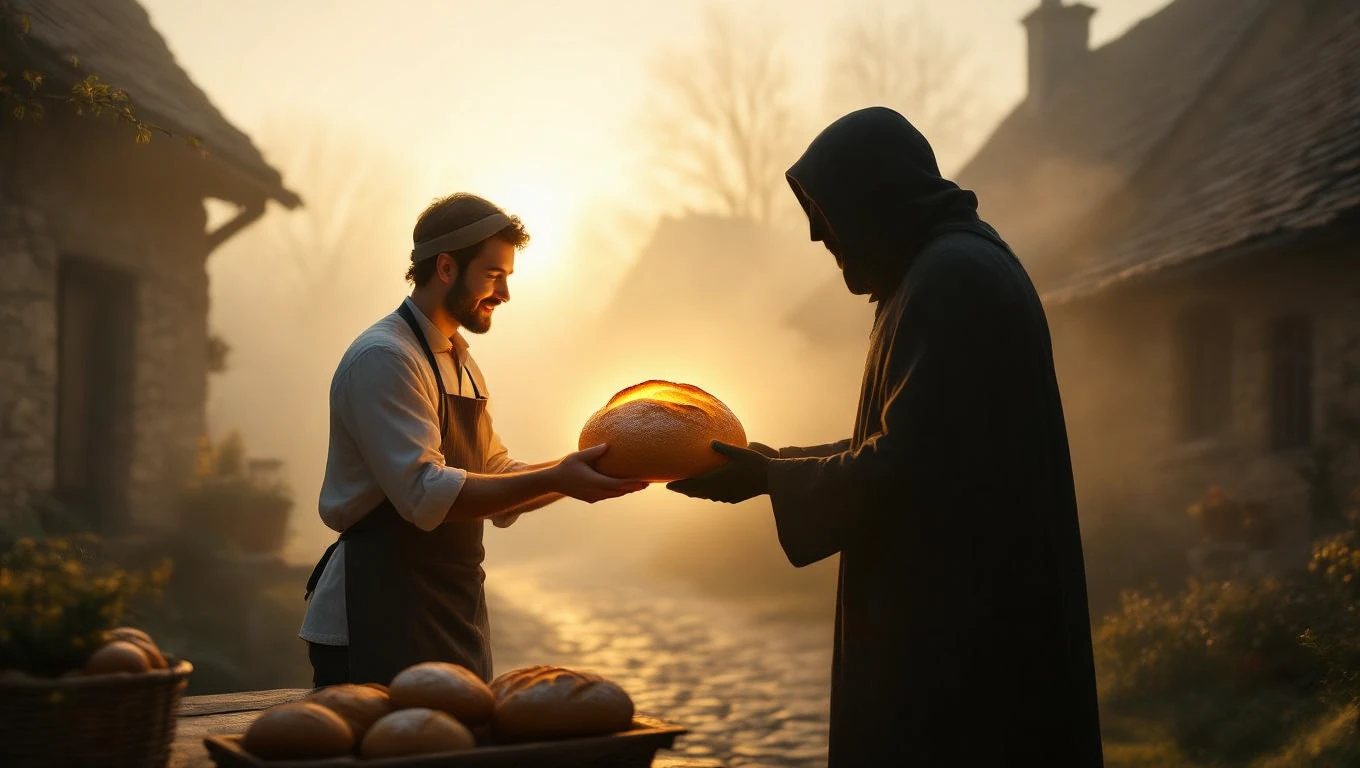 Ein Bäcker übergibt ein frisches Brot an eine mysteriöse Gestalt im Morgennebel.