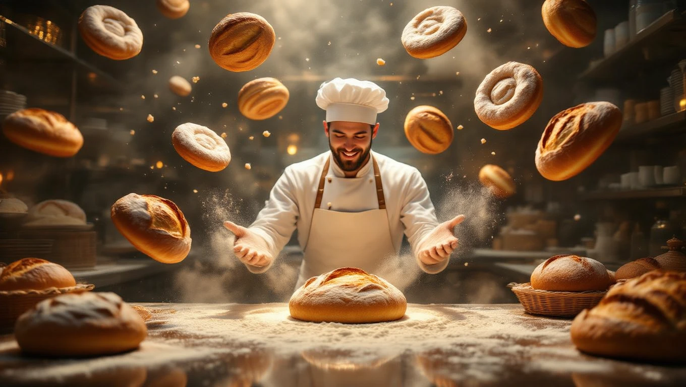 Ein Bäcker zaubert frische Brötchen in einer lebhaften Bäckerei.