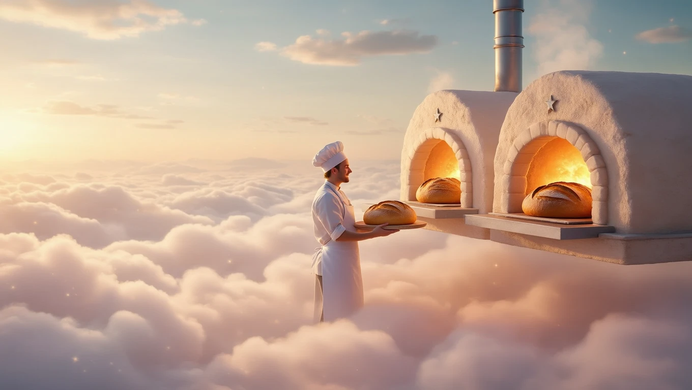 Ein Bäcker in einer Traumlandschaft, der frisches Brot aus einem Ofen holt.