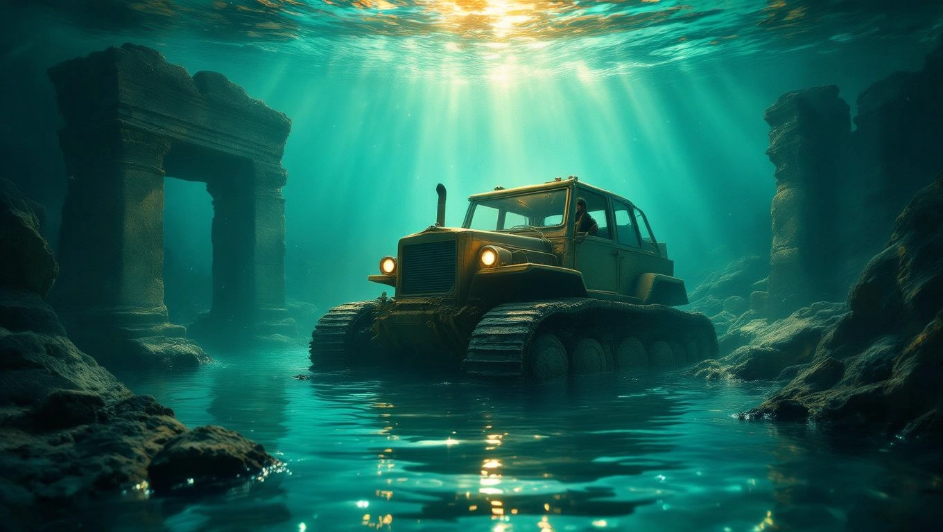 Ein Bagger steht unter Wasser, umgeben von alten Ruinen und Lichtstrahlen.