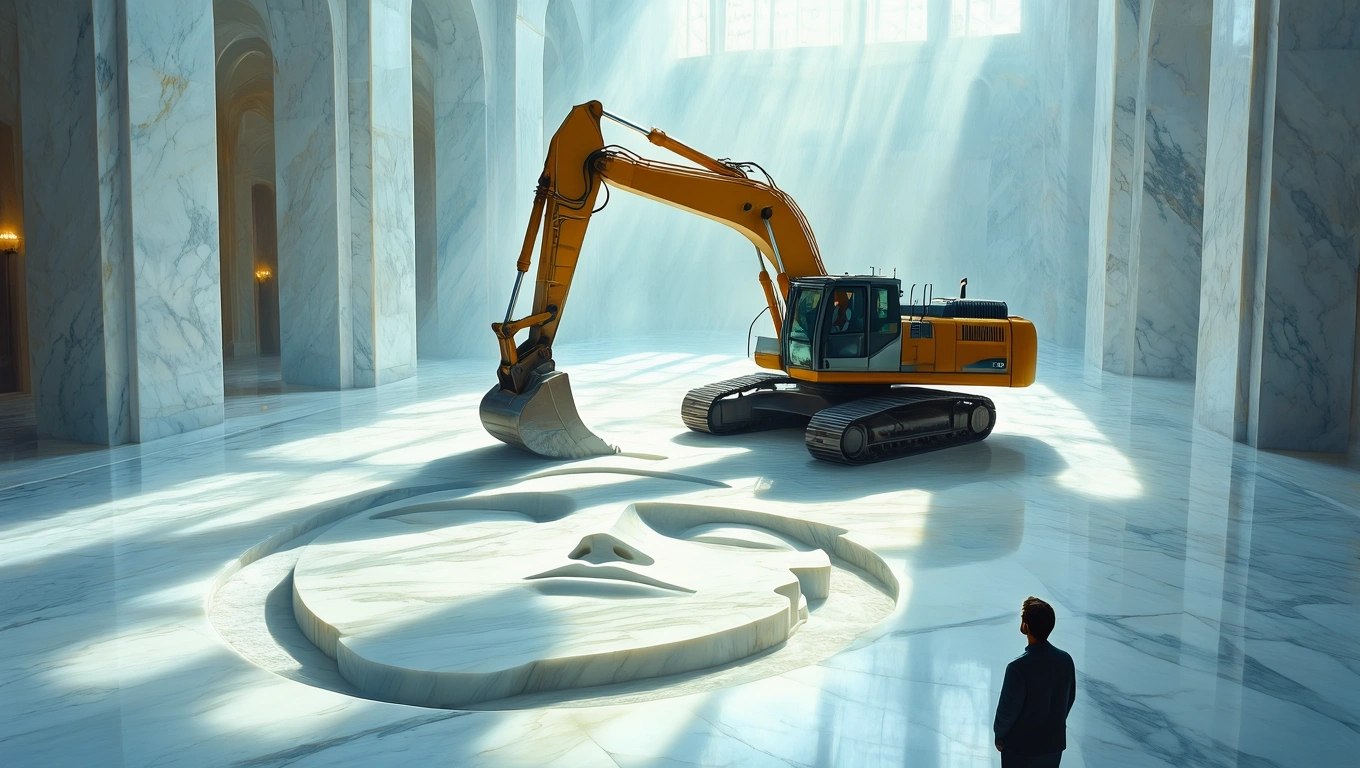 Ein Bagger arbeitet in einem hellen, marmornen Raum und formt ein Gesicht.