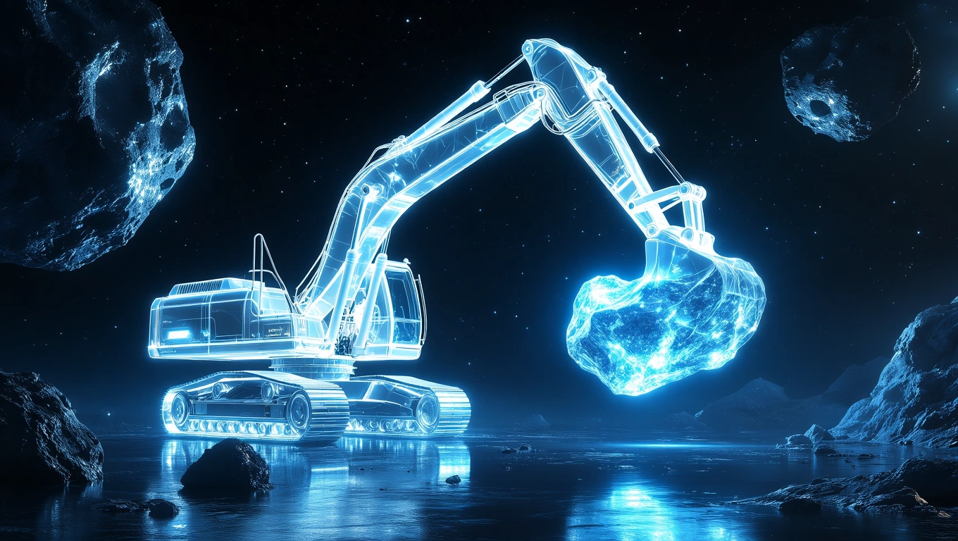 Ein futuristischer Bagger hebt einen leuchtenden Gesteinsbrocken im Weltraum.