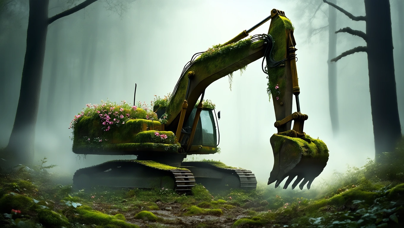 Ein Bagger, umgeben von Moos und Blumen, steht in einem nebligen Wald.