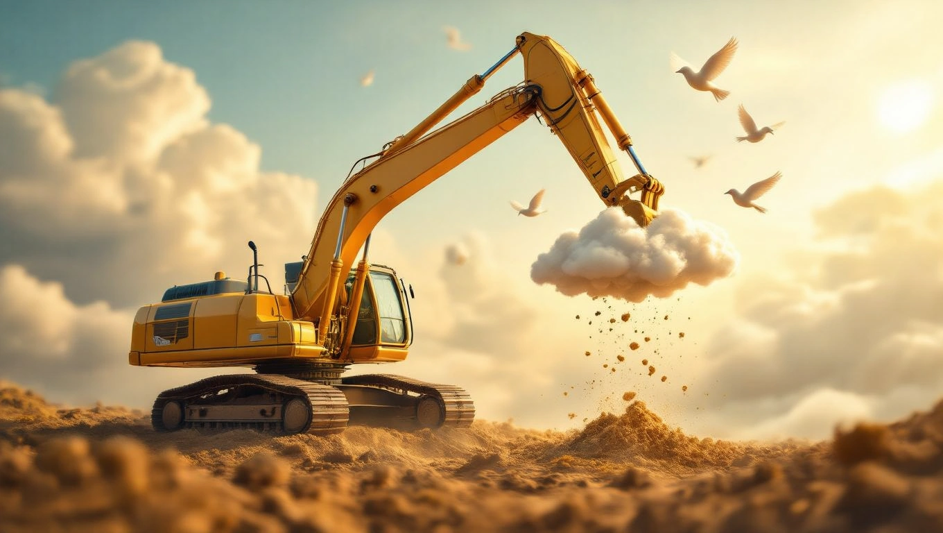 Ein gelber Bagger hebt eine Wolke aus Sand in einer traumhaften Landschaft.