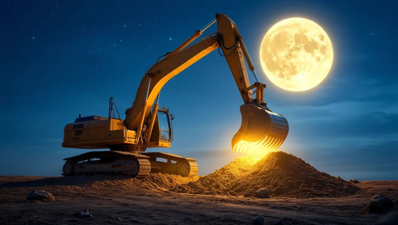 Ein Bagger hebt Erde unter einem leuchtenden Vollmond in der Nacht.
