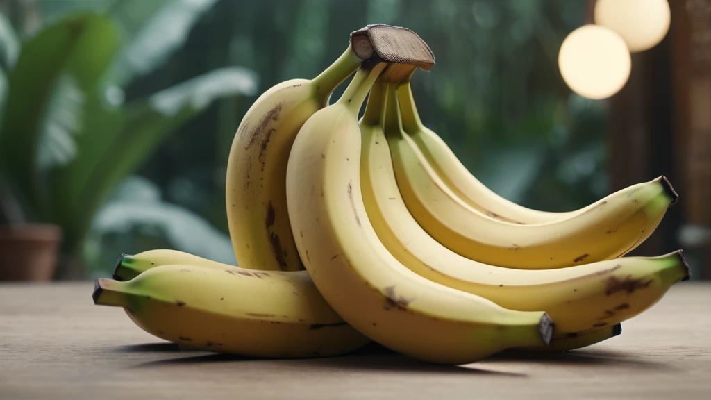 Eine Gruppe reifer Bananen auf einem Holztisch, umgeben von Pflanzen.