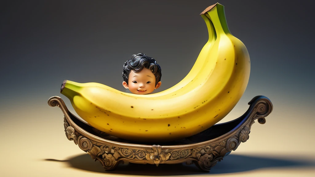 Ein Kind sitzt hinter einer großen Banane in einer dekorativen Schale.