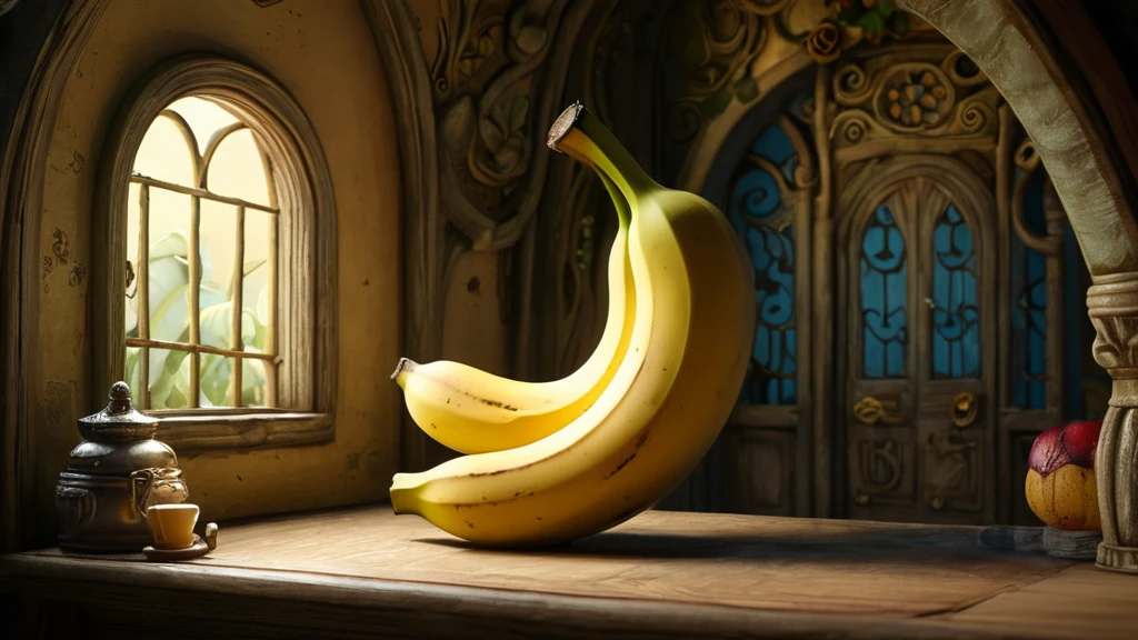 Zwei Bananen liegen auf einem Tisch in einem gemütlichen Raum mit Fenster.