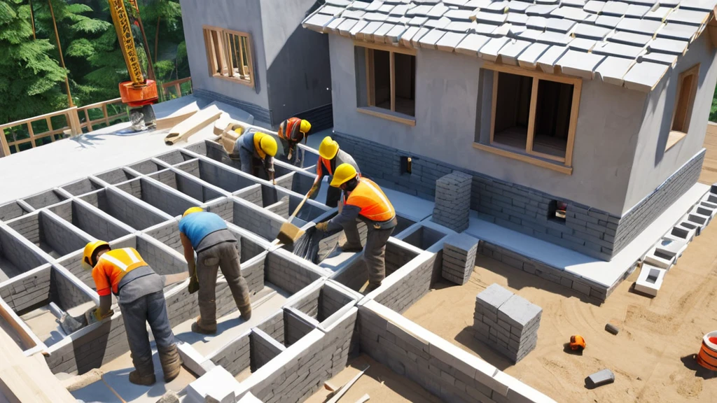 Arbeiter bauen das Fundament eines Hauses auf einer Baustelle.