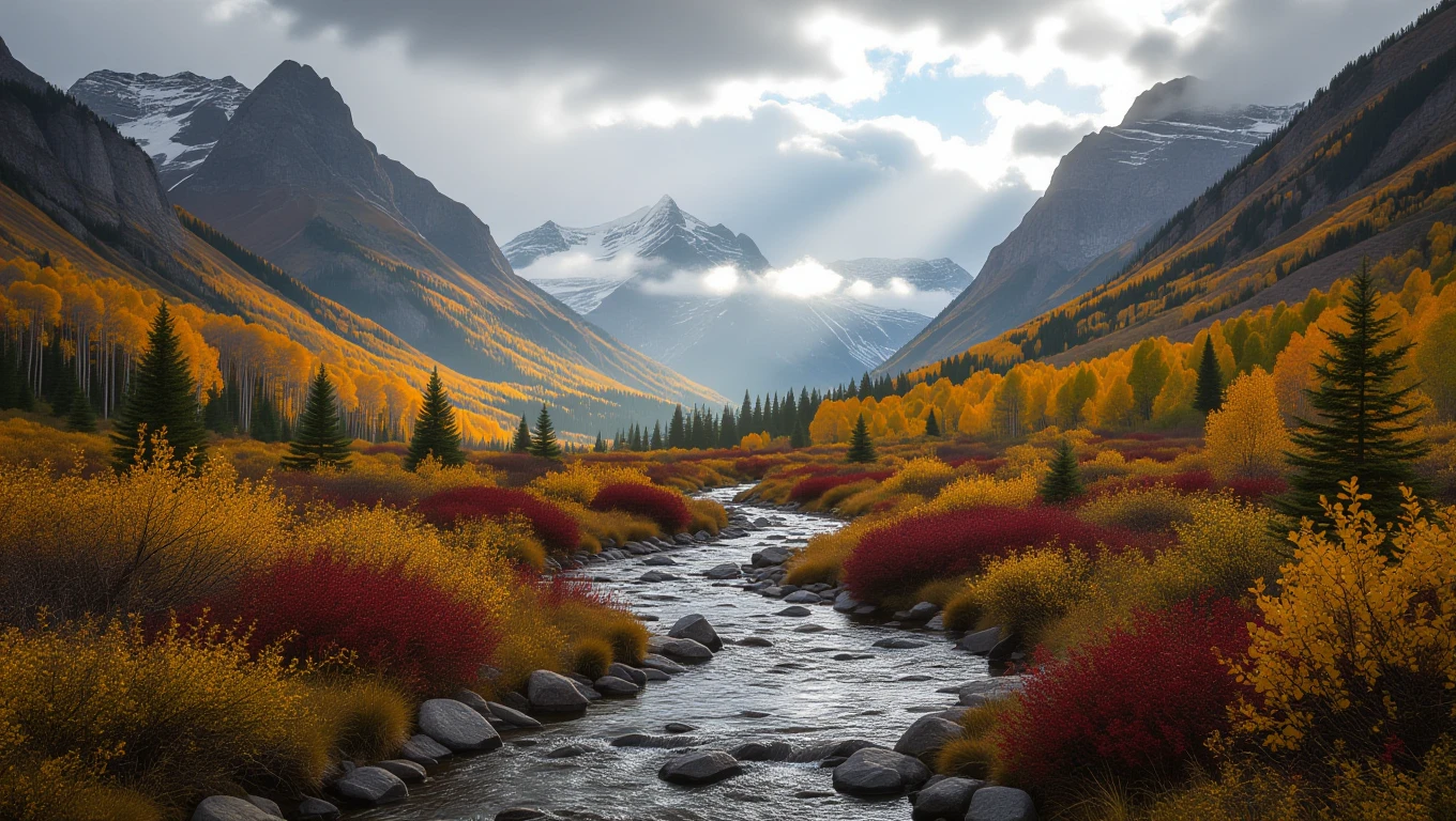 Ein malerischer Bergfluss umgeben von bunten Herbstbäumen und majestätischen Bergen.