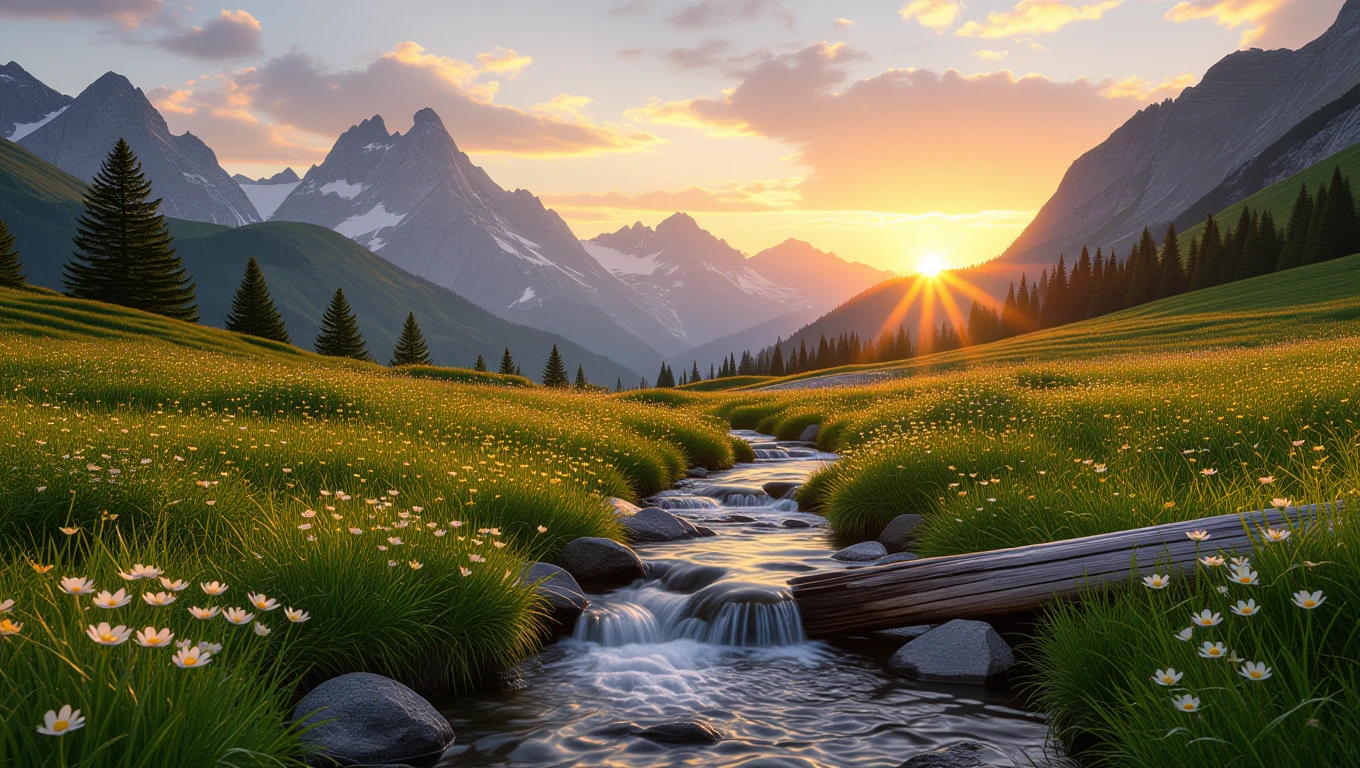 Ein malerischer Bergfluss fließt durch eine blühende Wiese mit Sonnenuntergang im Hintergrund.