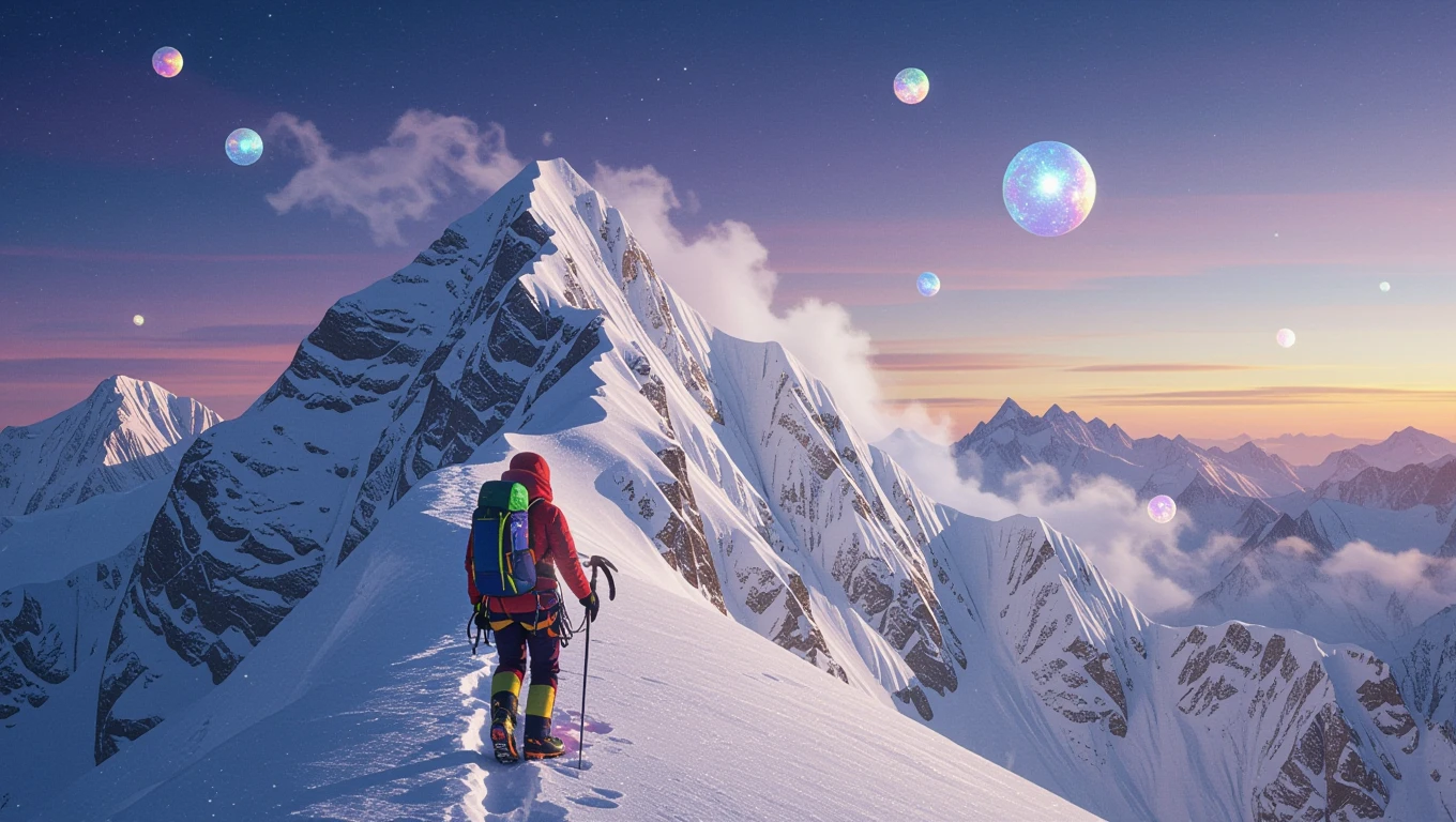 Ein Bergsteiger erklimmt einen schneebedeckten Gipfel unter einem farbenfrohen Himmel.