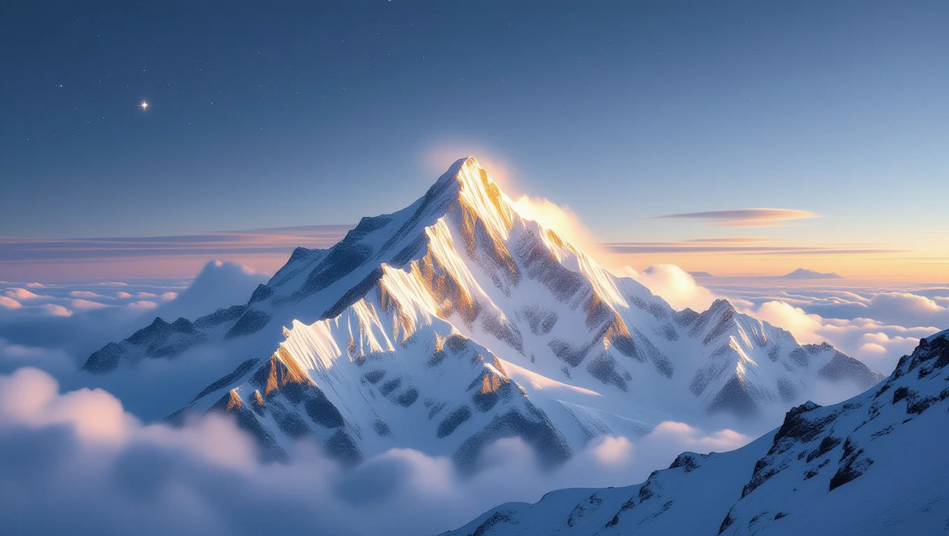 Ein majestätischer Berggipfel, umgeben von Wolken und sanftem Licht.